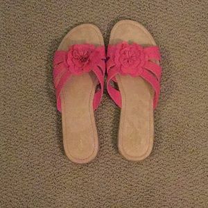 NWOT Tan and pink flower flip flops